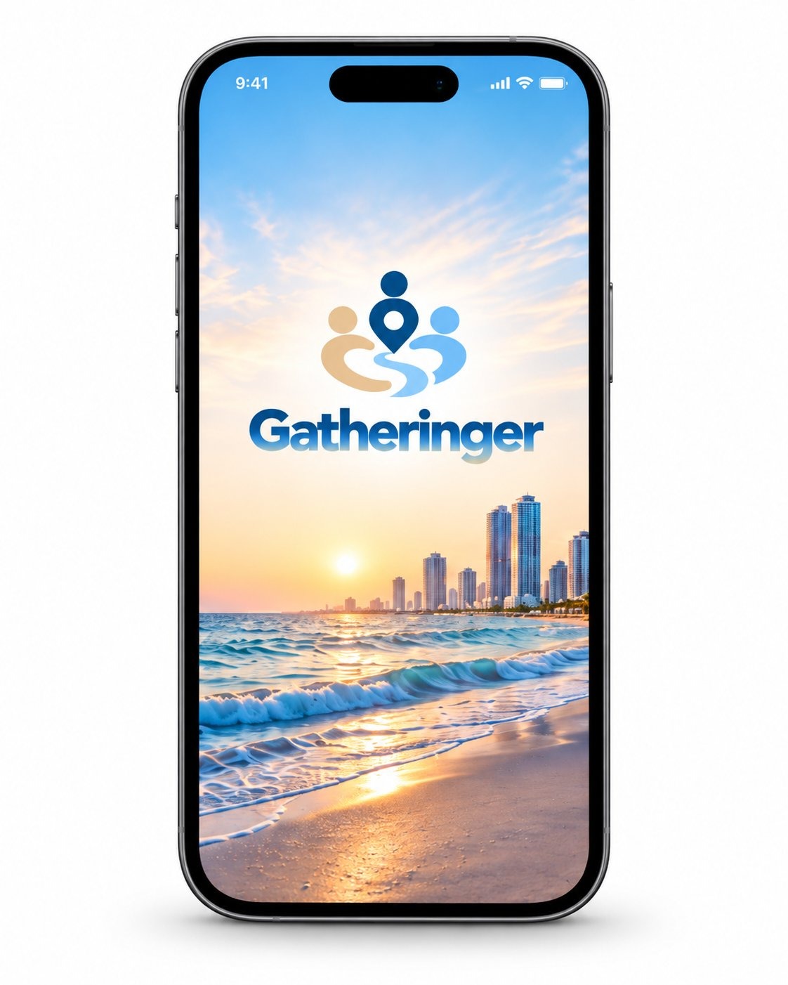 Gatheringer splash screen with logo over a Miami beach sunset