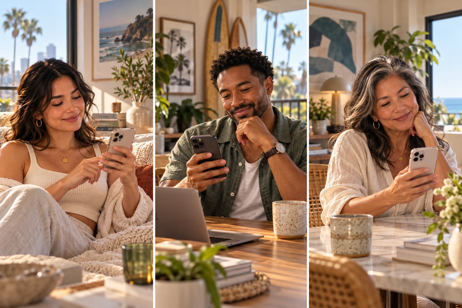 Smiling people checking their phones before heading out