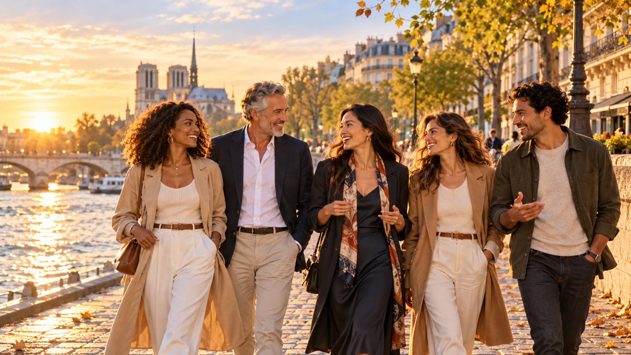 Friends walking along the waterfront at golden hour