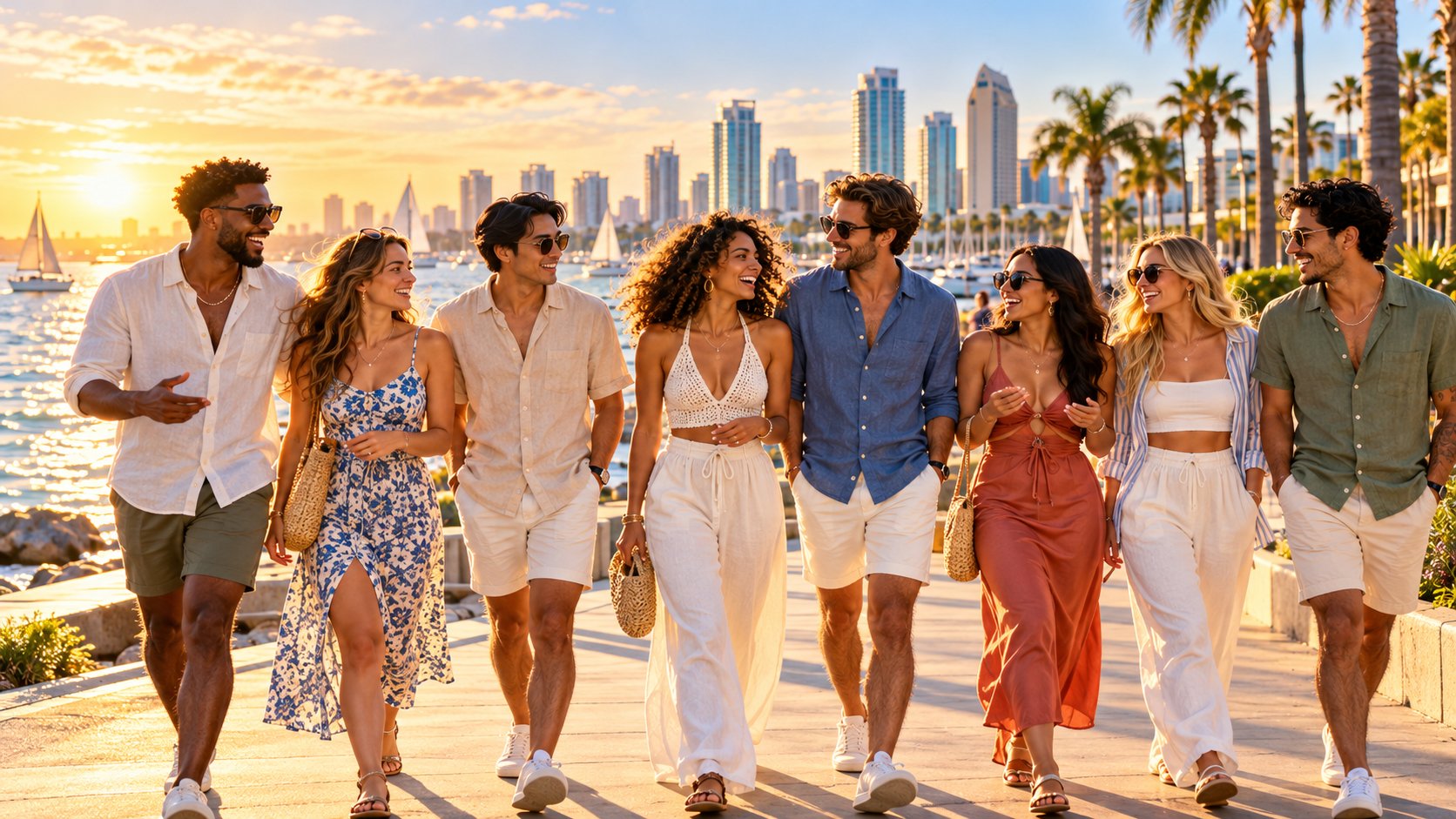 Cheerful group walking on a sunny promenade